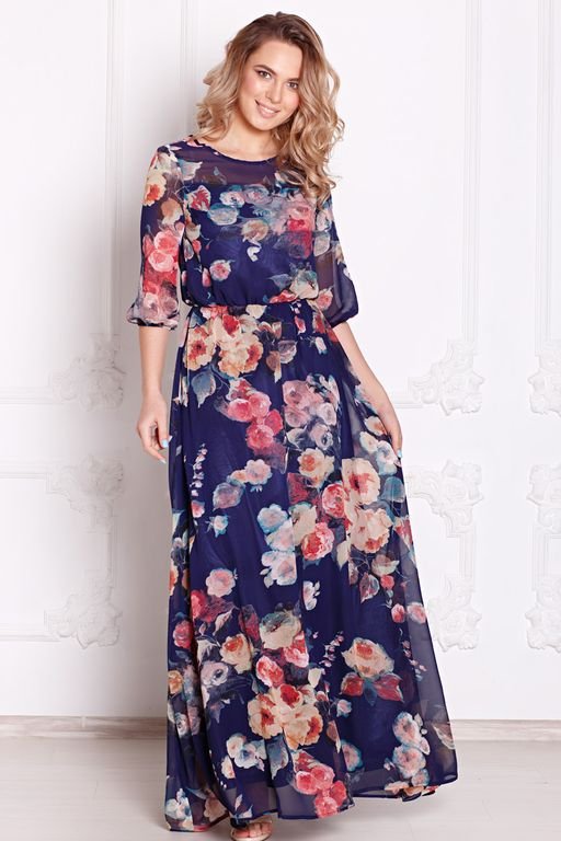 Платье из шифона цветы на синем (П-54-5) - 1