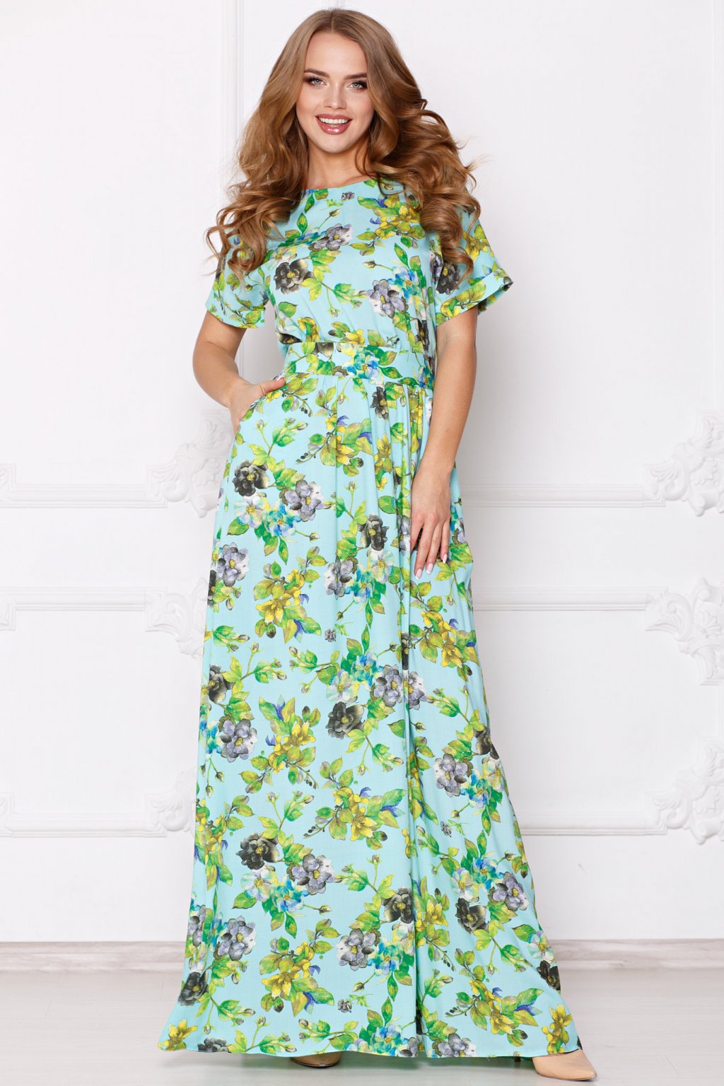 Платье Камилла в пол цветы на бирюзе (П-162-3) - 1