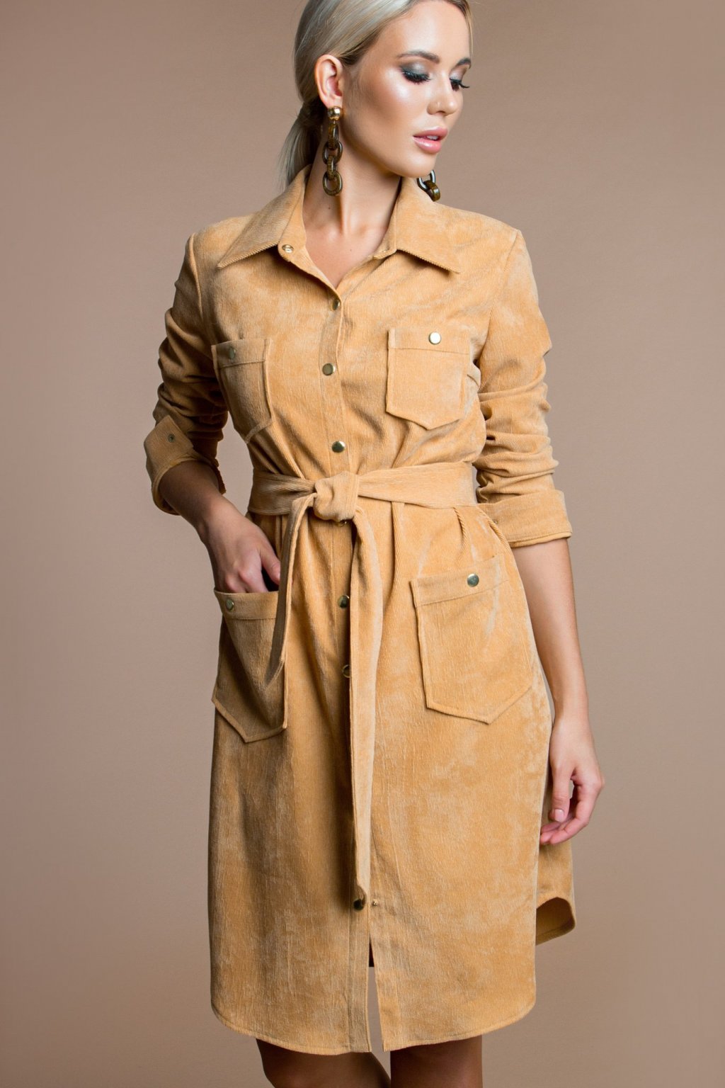 Платье-рубашка из вельвета цвет желто-золотой (П-60-11) - 8