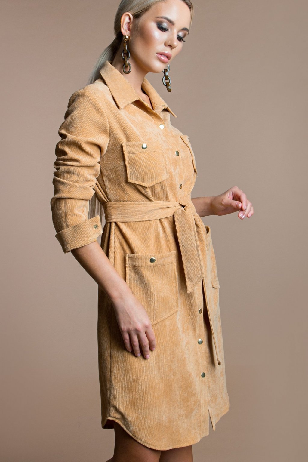 Платье-рубашка из вельвета цвет желто-золотой (П-60-11) - 9