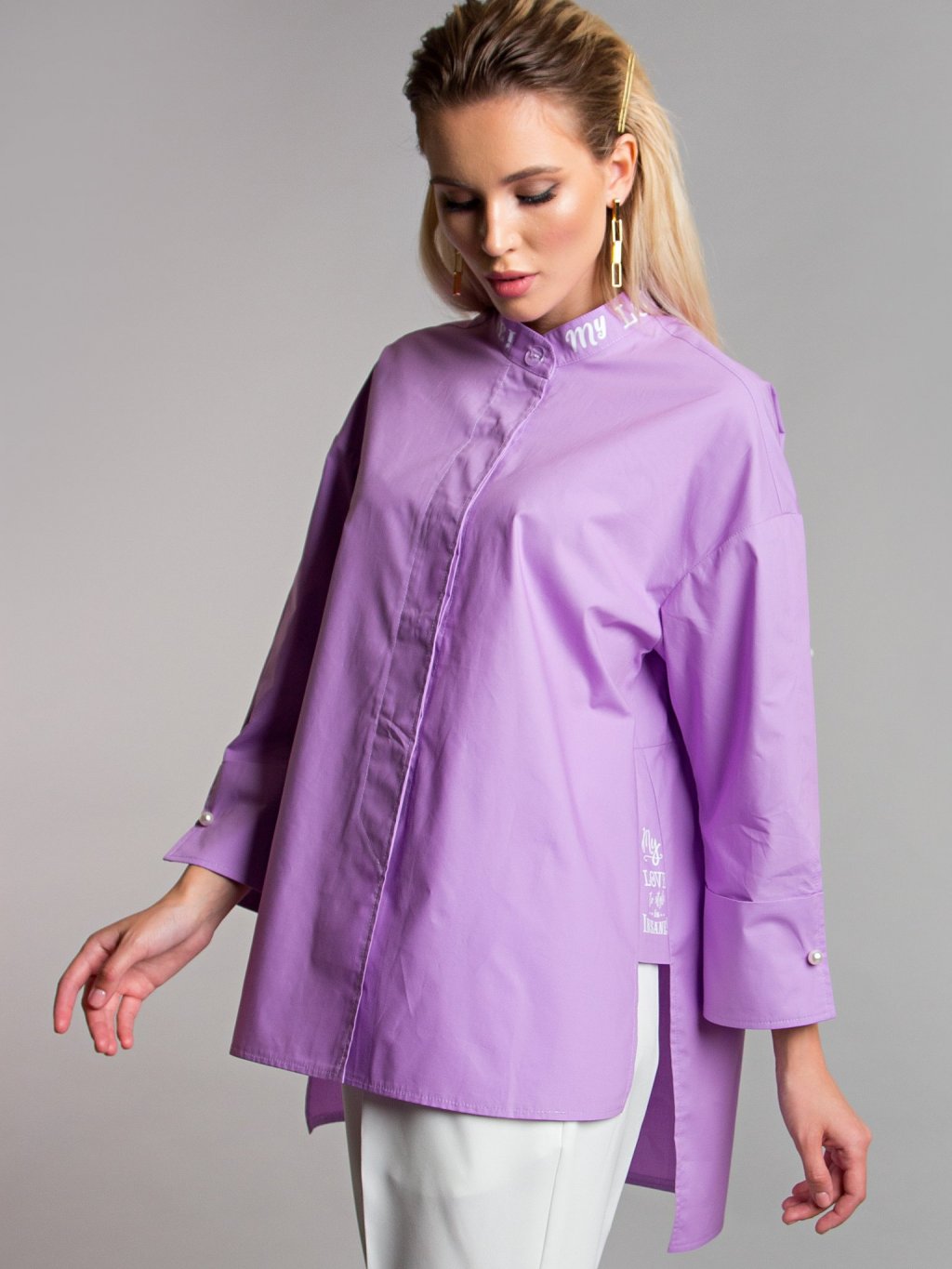 Блуза с надписями цвет cирень Б-115-4 - 1