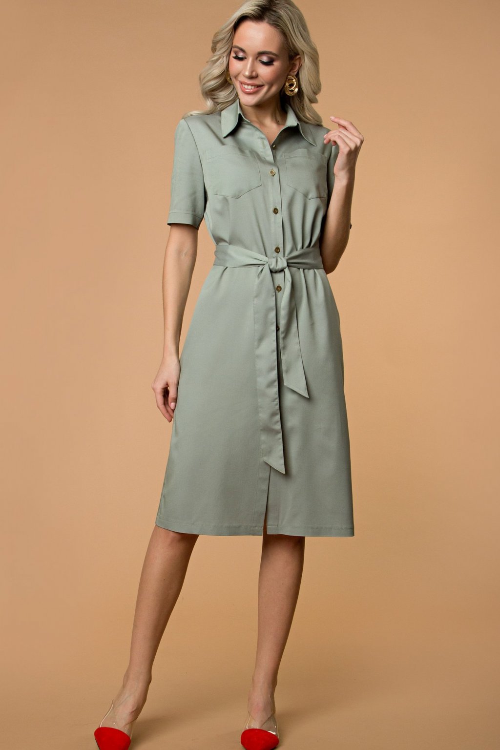 Платье-рубашка из тонкой джинсы  оливковый (П-274-1) - 4